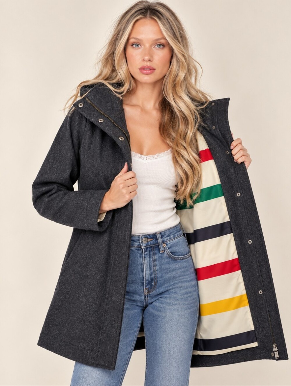 Pendleton Campbell Coat Womens S Charcoal Cascade Wool National Park Stripe EUC